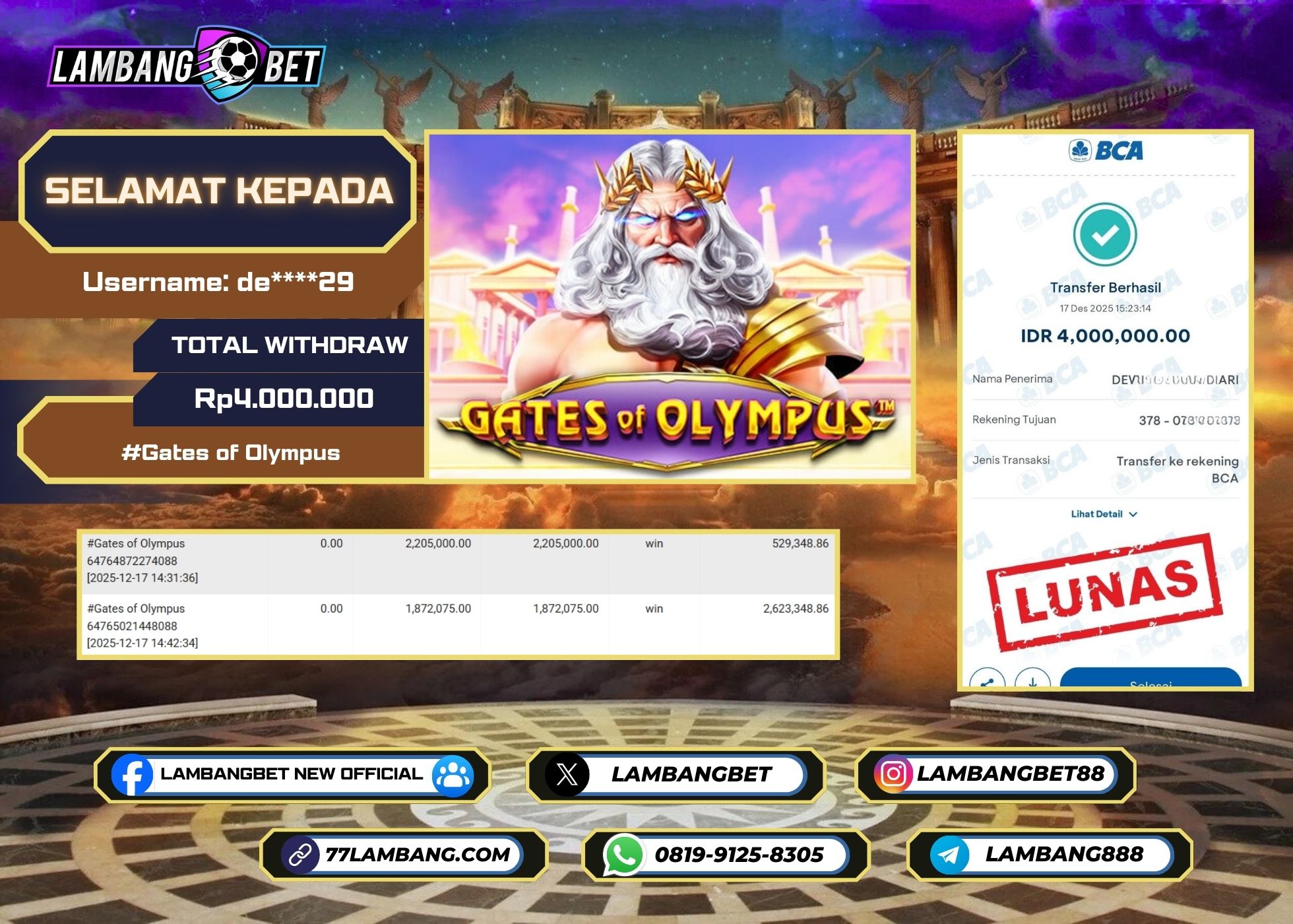 LAMBANGBET [17 DESEMBER 2025] JACKPOT SLOT Gates of Olympus "Rp4.000.000" LUNAS
